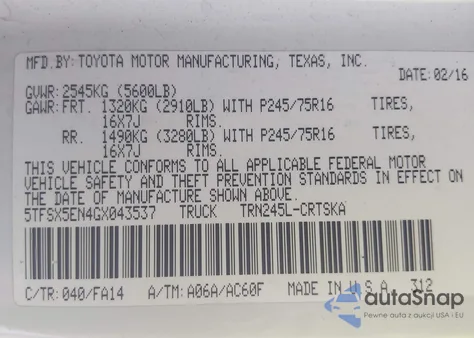 2016 Toyota Tacoma Sr z USA, uszkodzony, nr VIN 5TFSX5EN4GX043537
